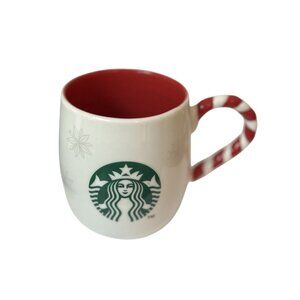 Starbucks 2013 Holiday Mug 14 Oz Cream W/ Snowflakes & Candy Cane Handle Rare Co